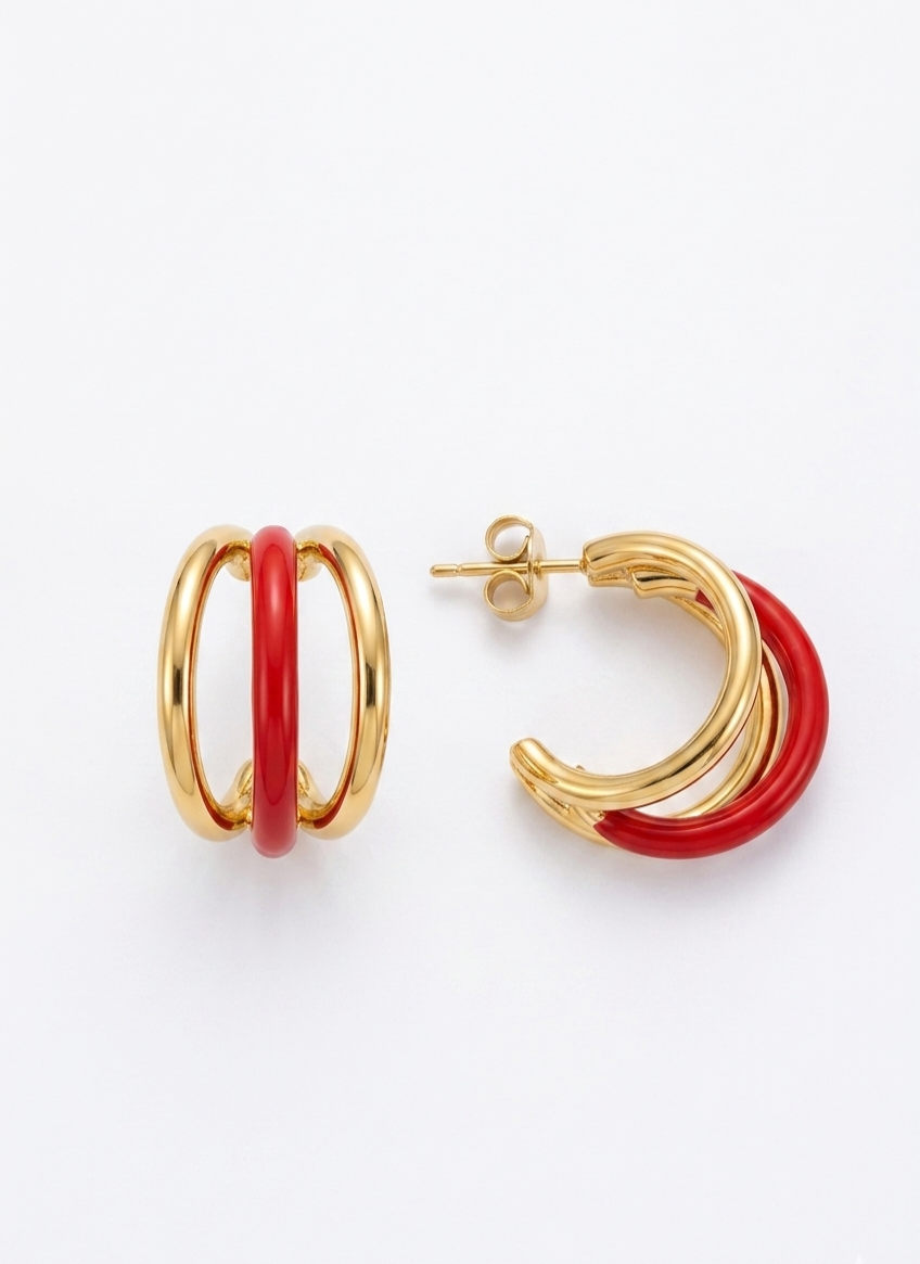 Ruby Enamel Triple Hoop Earrings