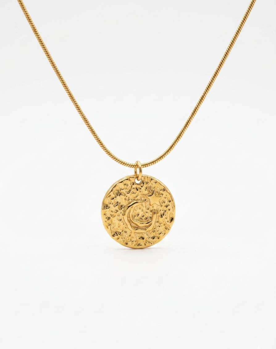 Crescent & Star Textured Coin Necklace